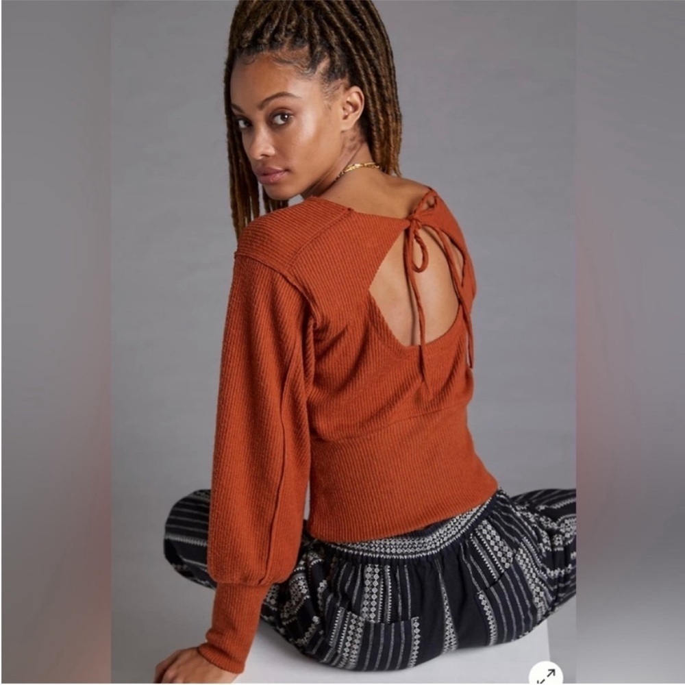 Anthropologie Maeve Copper Knit Puff Sleeve Open Back Tie Top Sweater Sz S